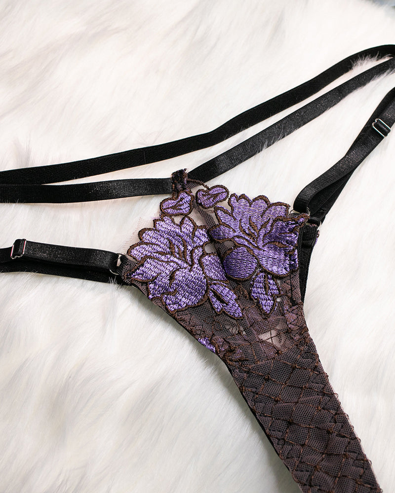 Sexy Flower Embroidered Mesh Hollowed-out Suit