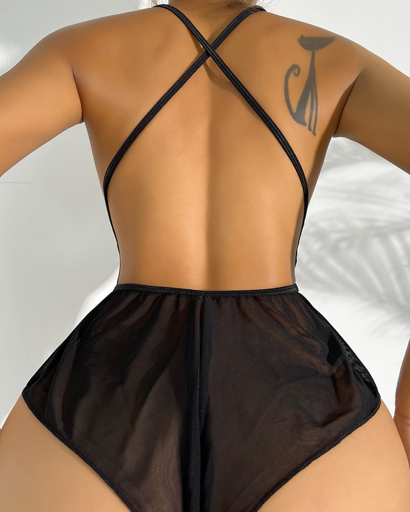 Sexy Deep V Lace Hollow See-through Bodysuit