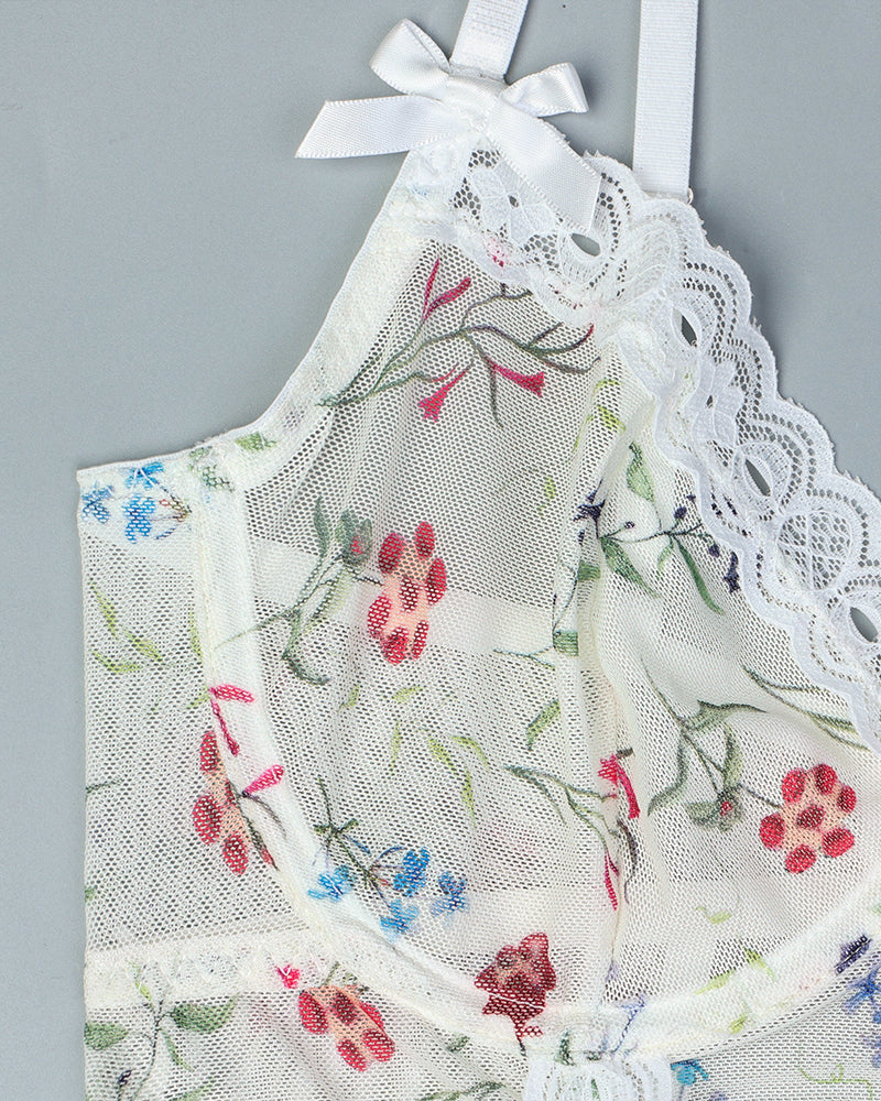 Floral Lace Stitching Stretch Mesh Sexy Pajamas and Stockings Set