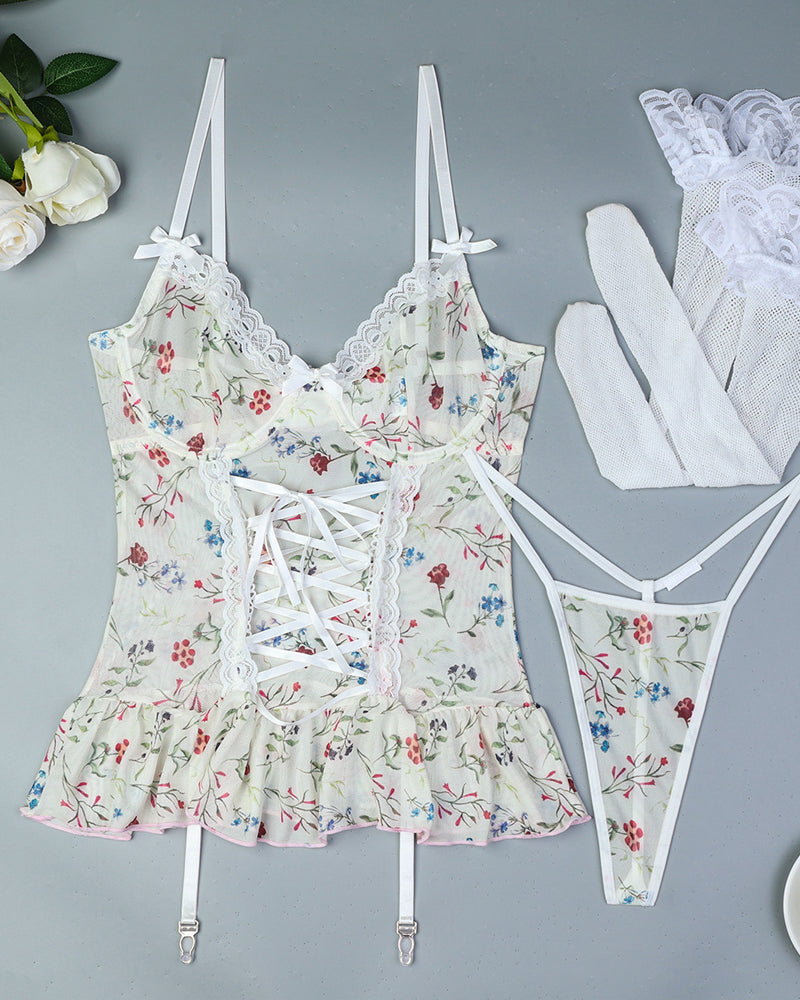 Floral Lace Stitching Stretch Mesh Sexy Pajamas and Stockings Set