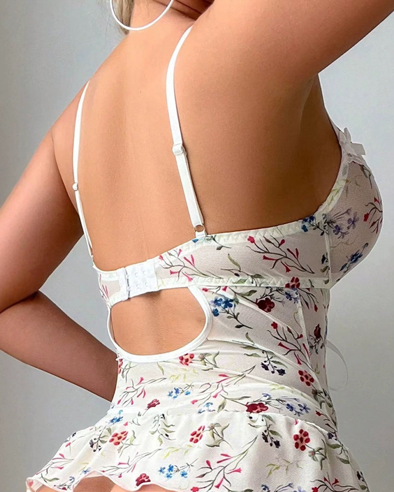 Floral Lace Stitching Stretch Mesh Sexy Pajamas and Stockings Set