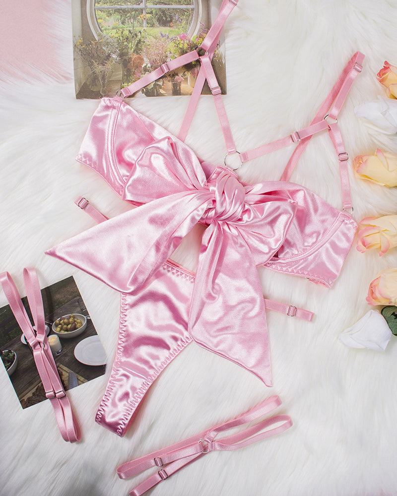 Bowknot Hollow Sexy Three-piece Suit with Steel Ring