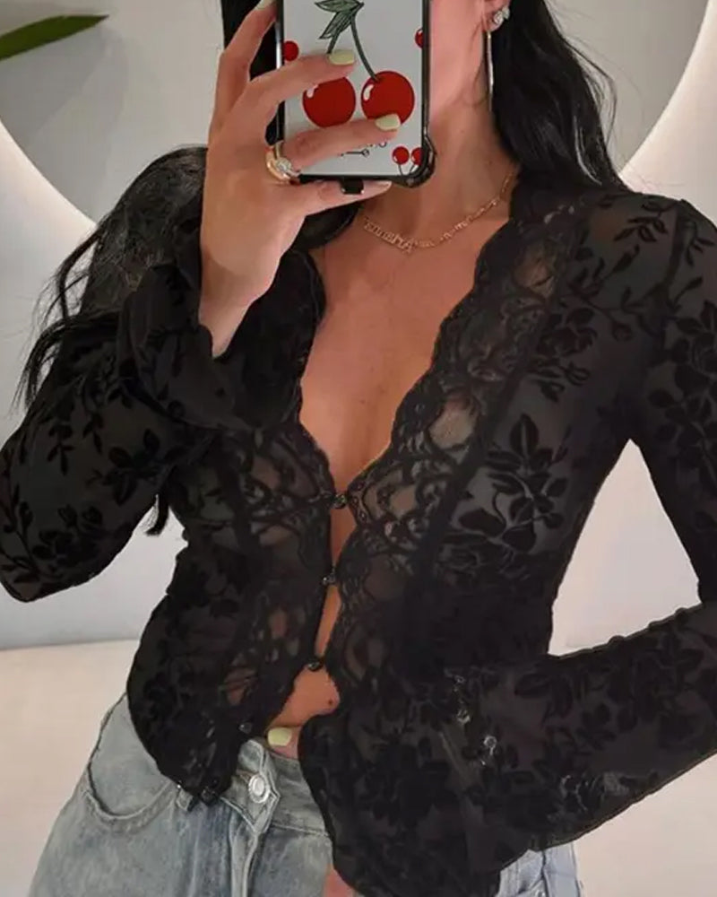 Women's Floral Lace See-through Ruffle Sleeve V-Neck Top