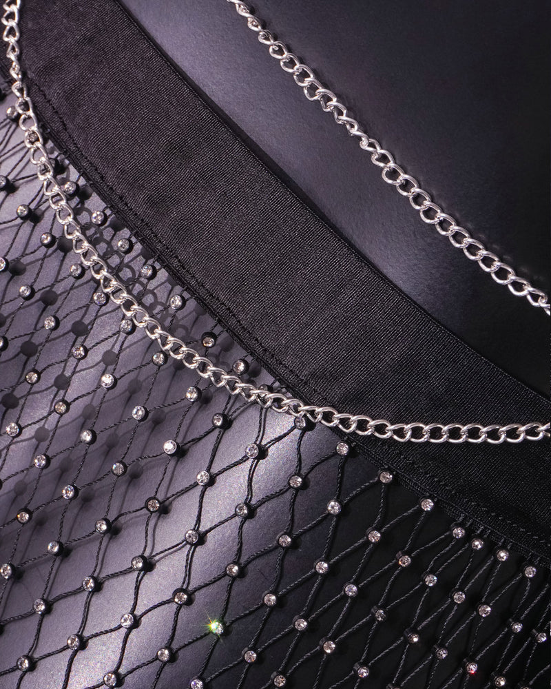 Rhinestone Fishnet Cutout Halter Neck Top and Skirt Set