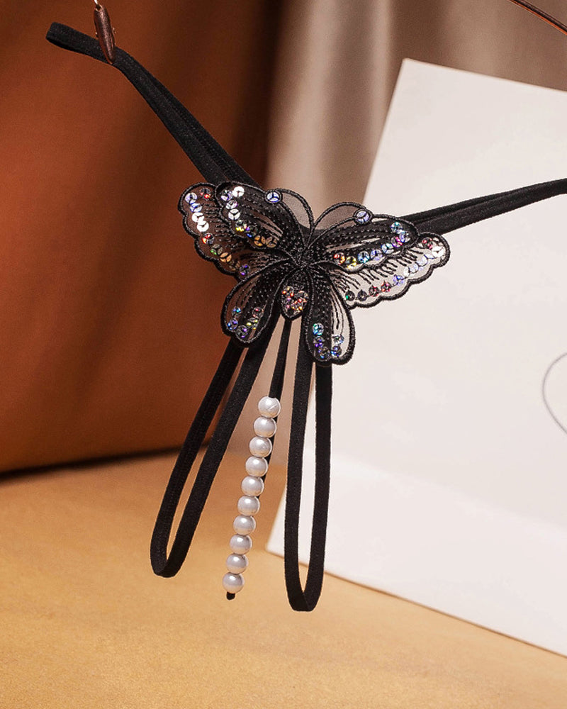 Sexy Sequin Butterfly Embroidered Open Crotch Massage Pearl Thong