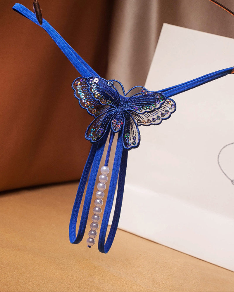 Sexy Sequin Butterfly Embroidered Open Crotch Massage Pearl Thong