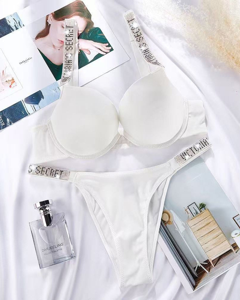 Sparkling Diamond Wide Strap Letter Rhinestone Sexy Push-Up Bra Set