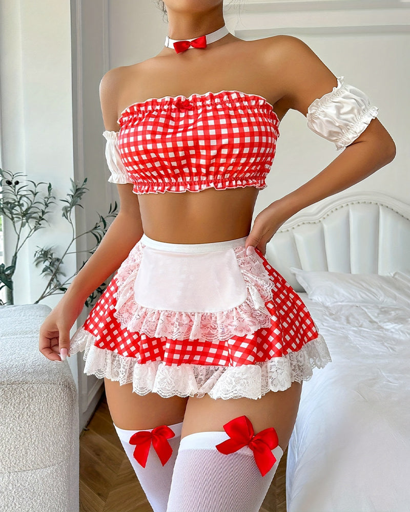 Sexy Colorblock Plaid Lace Maid Outfit