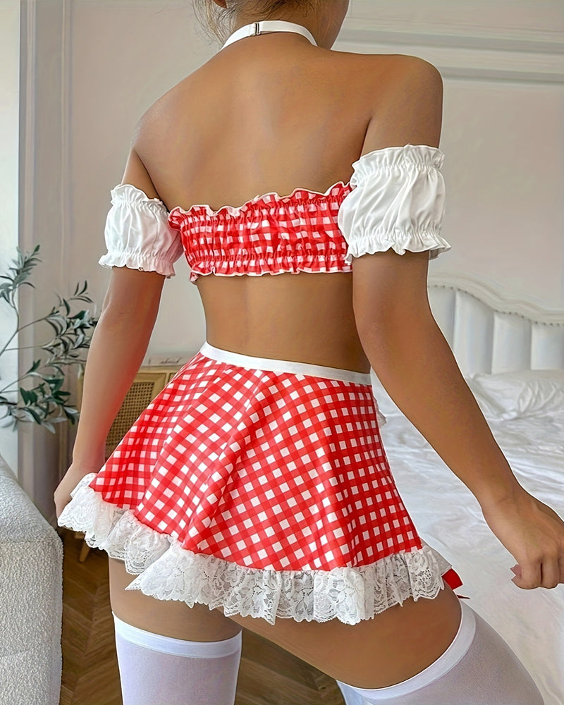 Sexy Colorblock Plaid Lace Maid Outfit