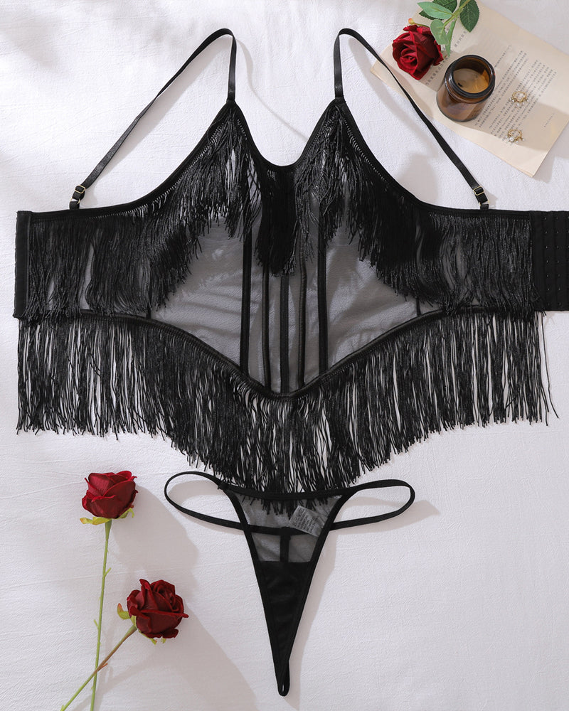 See-Through Mesh Sexy Suspenders Tassel Body-Shaping Bodysuit