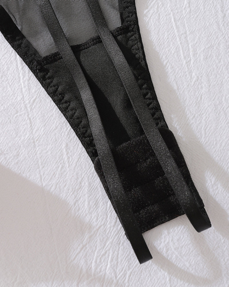 Sexy Floral Embroidery Hollow Heavy Craft Chain Bracelet Shaping Bodysuit Set