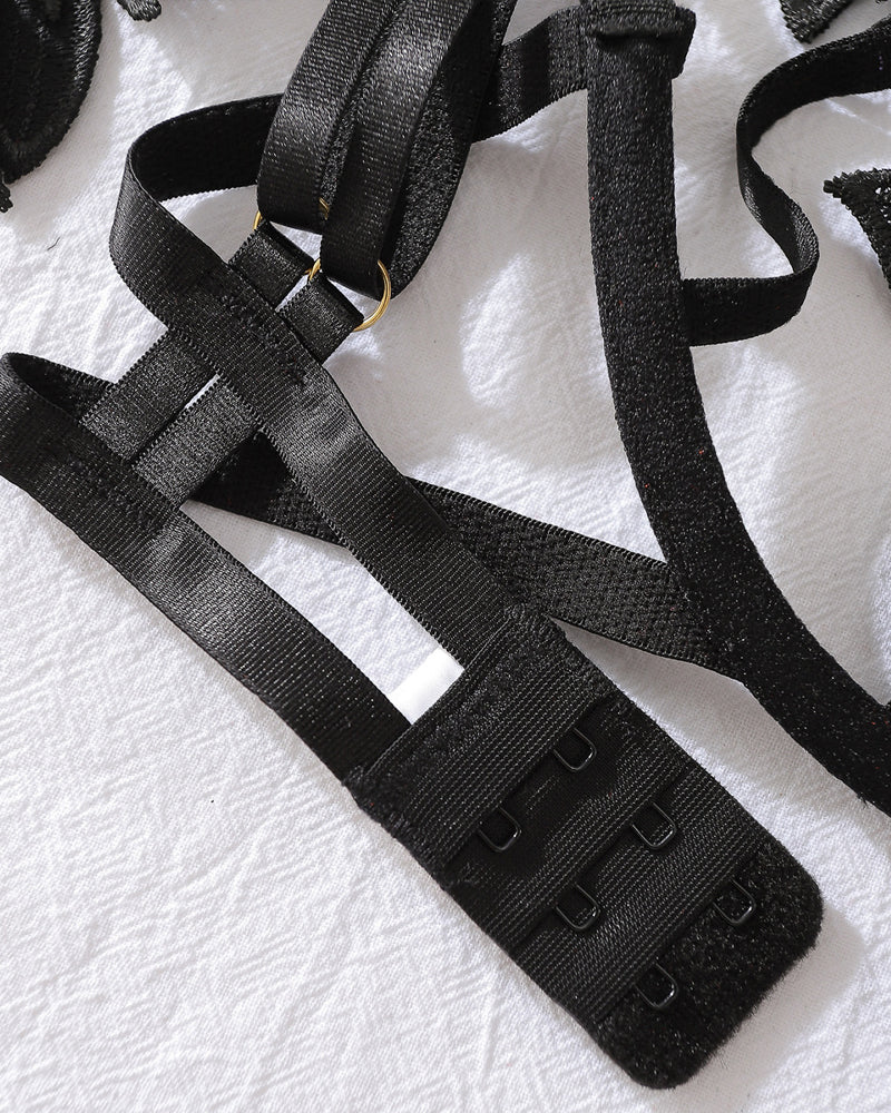 Sexy Floral Embroidery Hollow Heavy Craft Chain Bracelet Shaping Bodysuit Set