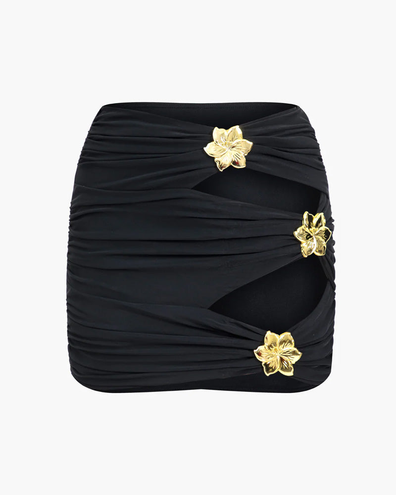 Halterneck Cut Out Swimsuit and Skirt With Flower Hardware Details