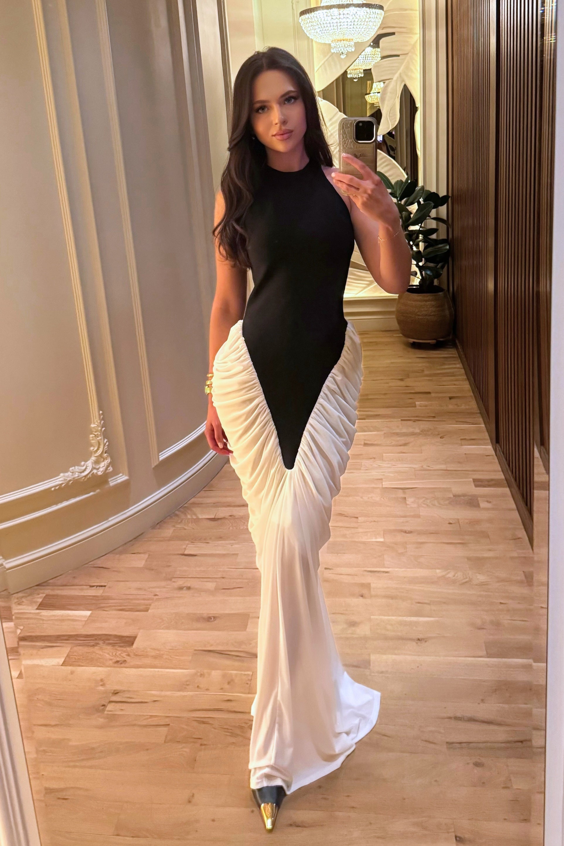 Halter Maxi Dress with  Contrasting Ruched Paneling - Black/White