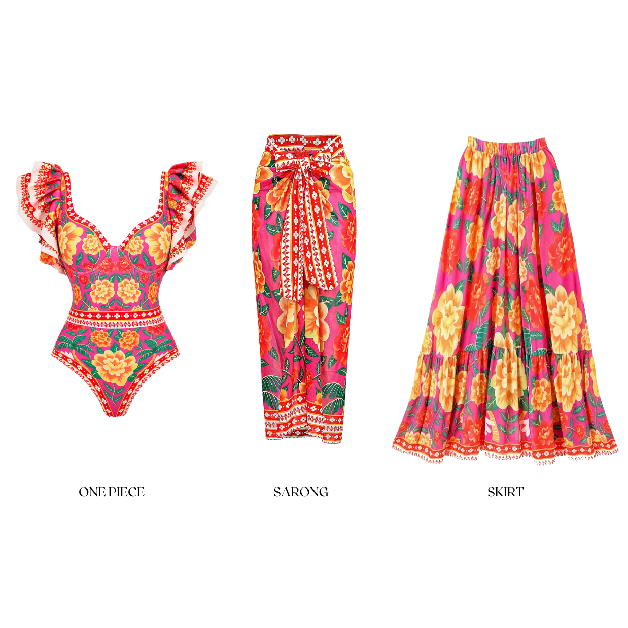 Ruffled Contrast Print One Piece Swimsuit and Sarong