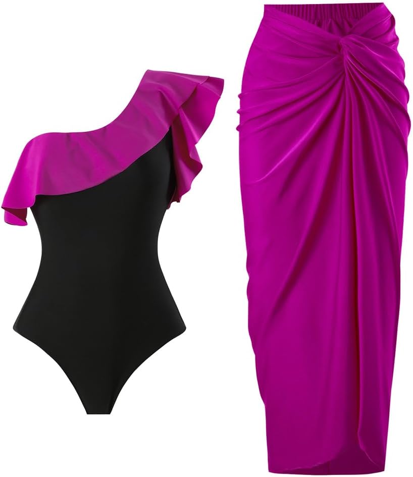 Floralshe®Women's One Piece Swimsuit with Beach Cover up Wrap Skirt Sarong Retro Floral Print Bikini Set Two Piece Bathing Suit