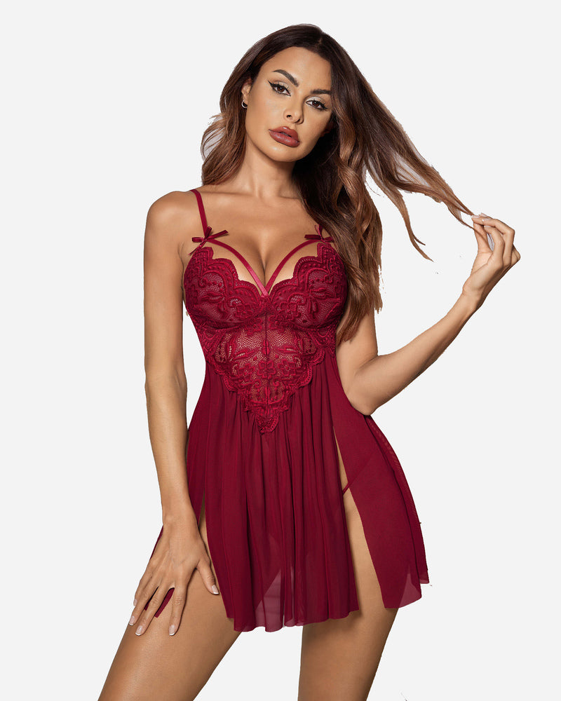 V Neck Strap Mesh Side Slit Nighty