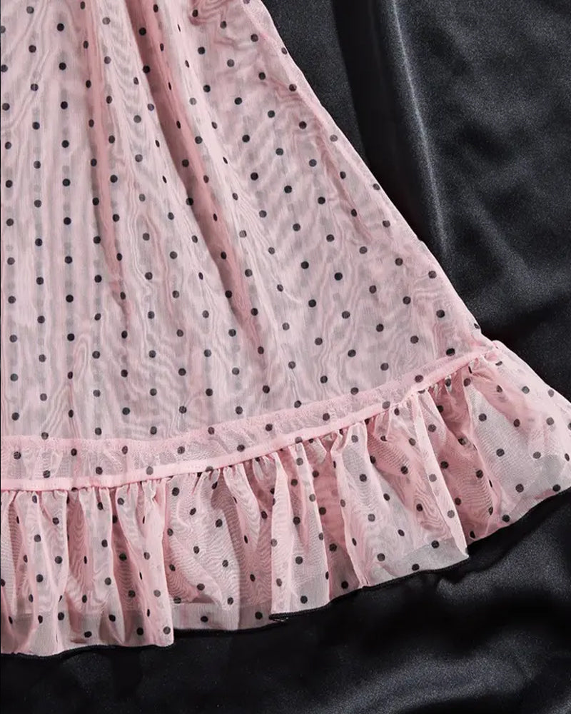 Sexy V-neck Polka Dot Print Semi-transparent Suspender Nightdress Set