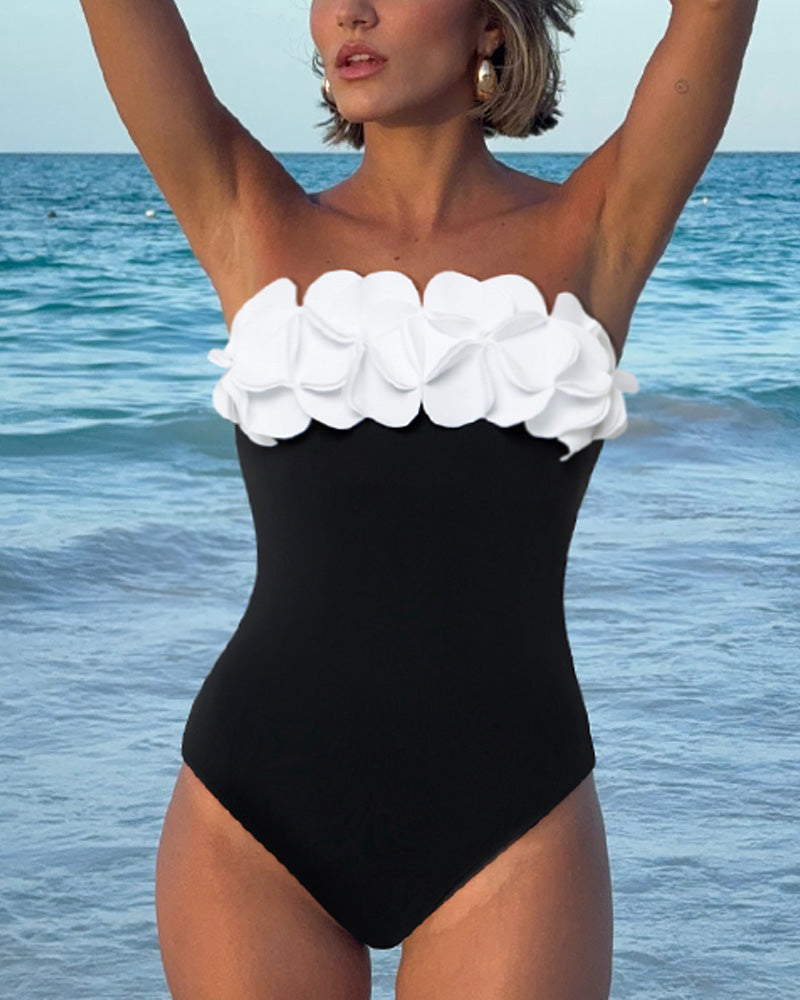 Bandeau 3D Flower One Piece Swimsuit And Skirt