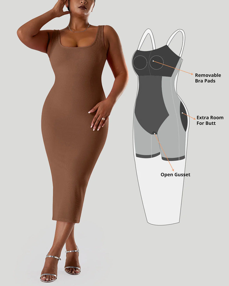 Solid Color Sleeveless Waist and Hip Lifting Long Dress With Built In Shapewear