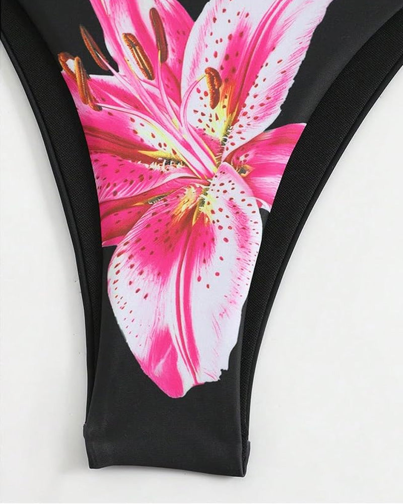 Women's Bikini Sets Floral Print Halter Tie Back Swimsuit with Cover Up Skirt