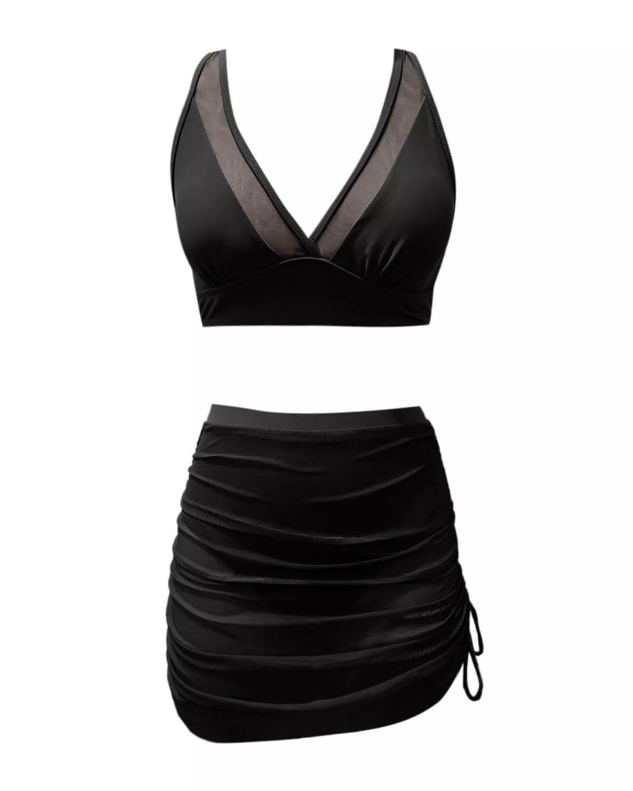 Women's Deep V Tummy Control Shaper Mesh Sheer Sarong Wrap Swimsuit Bikini