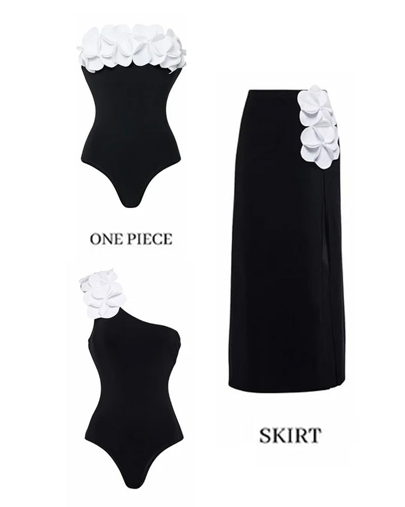 Bandeau 3D Flower One Piece Swimsuit And Skirt