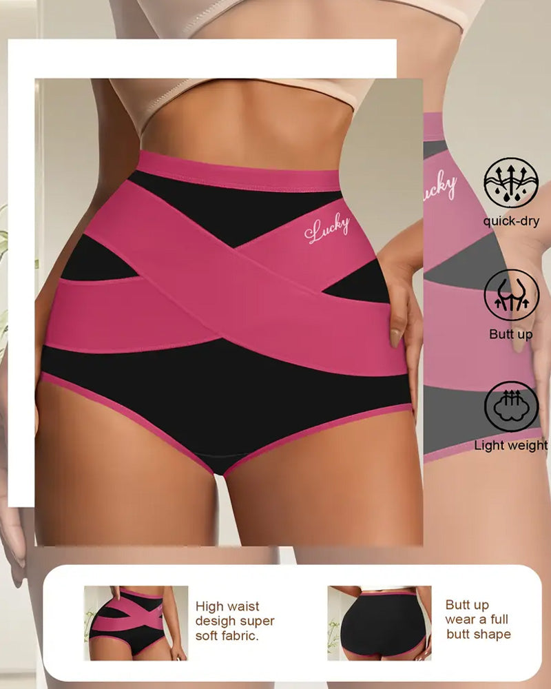 Milk Silk Cross Bandage Contrast Color High Waist Hip Lift Tummy Control Briefs