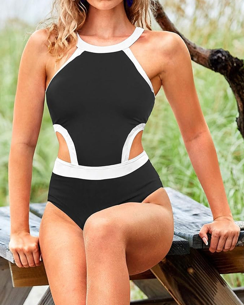 Women's High Collar Hollow Waist Backless Color Block One- Piece Swimsuit