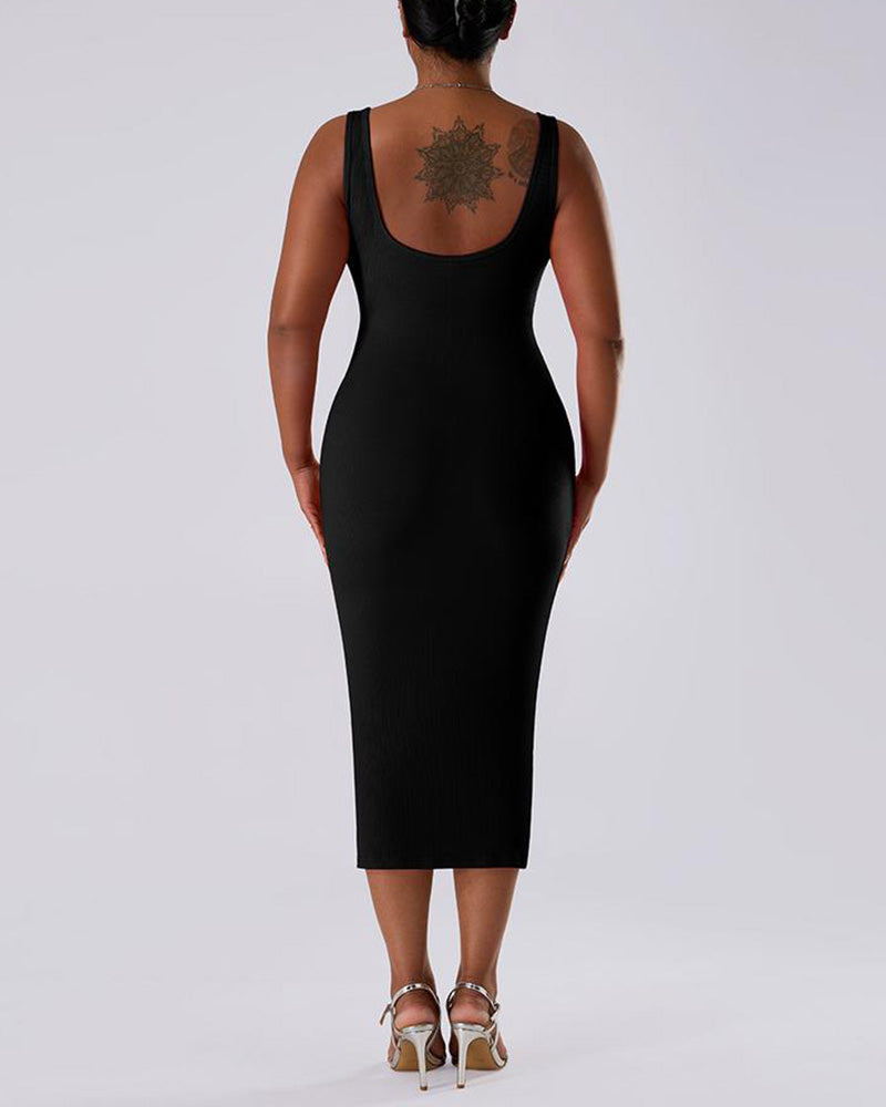 Solid Color Sleeveless Waist and Hip Lifting Long Dress With Built In Shapewear