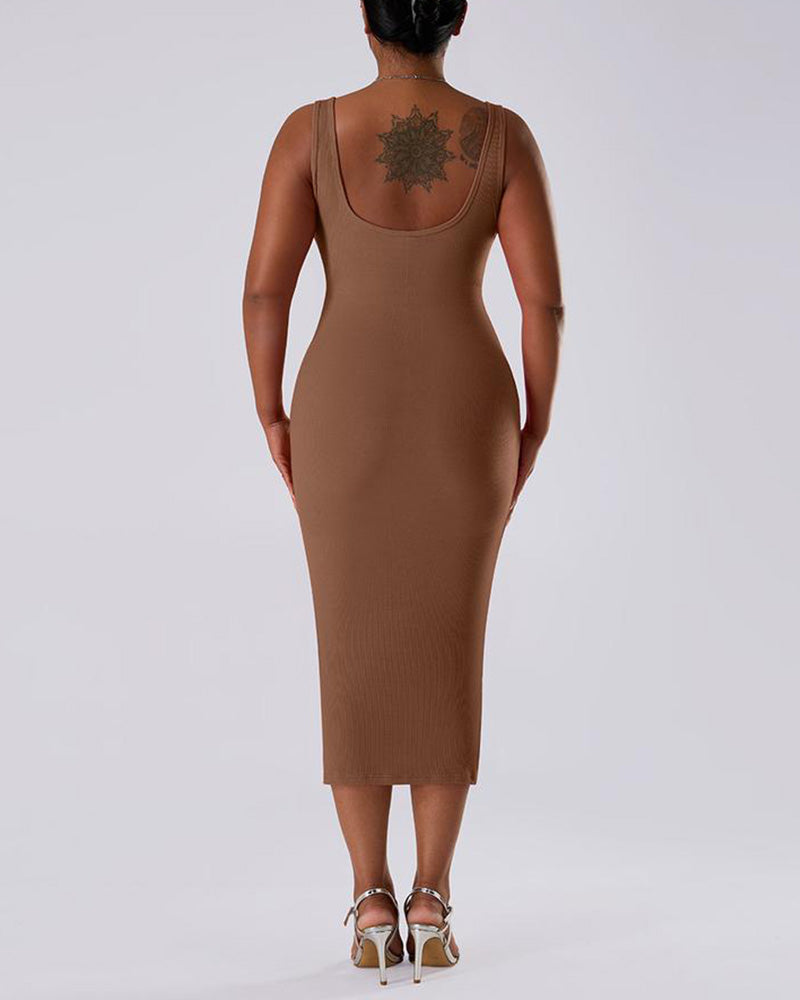 Solid Color Sleeveless Waist and Hip Lifting Long Dress With Built In Shapewear