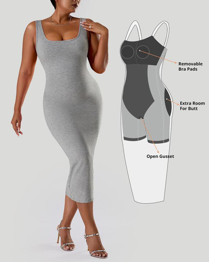 Solid Color Sleeveless Waist and Hip Lifting Long Dress With Built In Shapewear