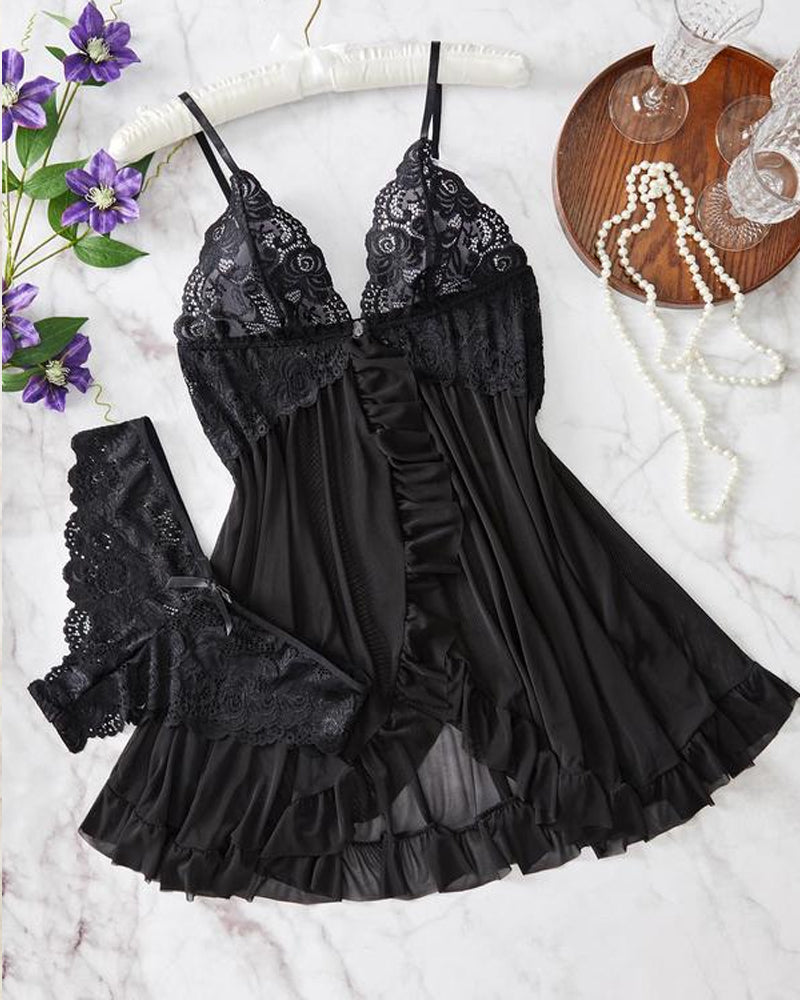 Women's Lace Sexy Ruffle Suspender Nightdress and Panty Set