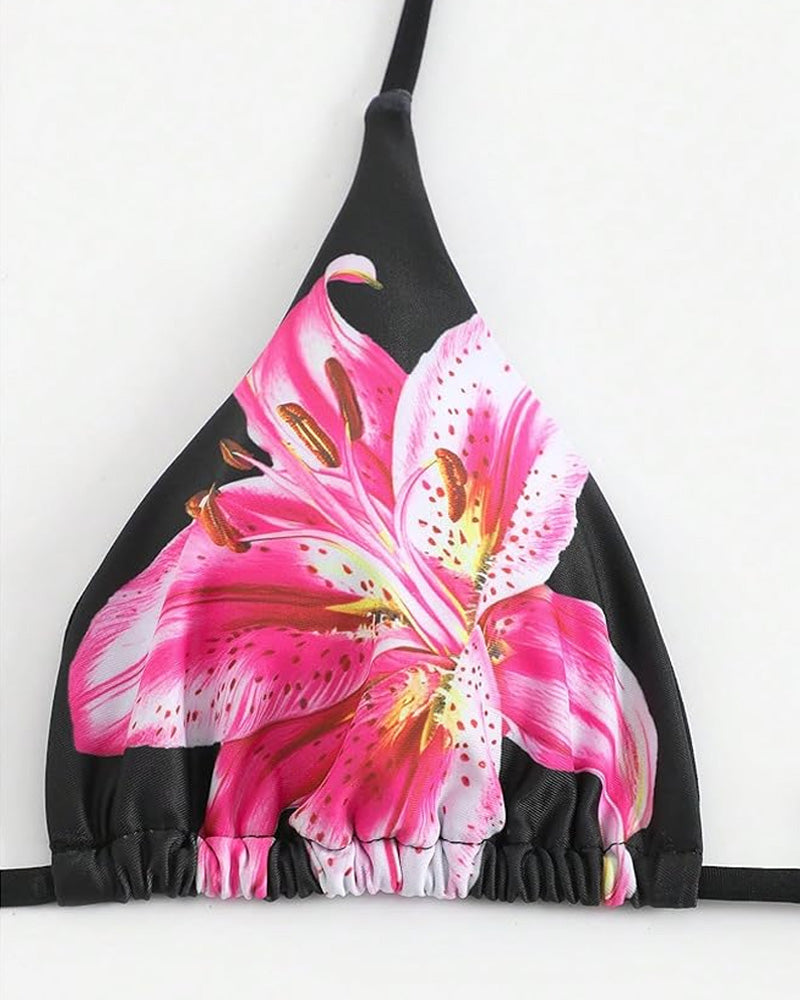 Women's Bikini Sets Floral Print Halter Tie Back Swimsuit with Cover Up Skirt