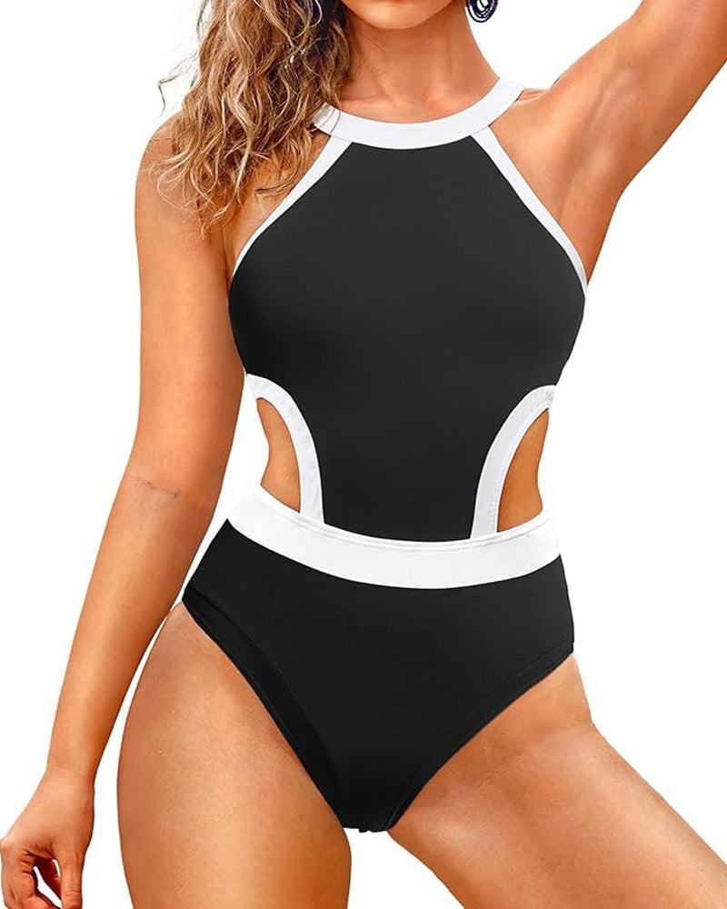 Women's High Collar Hollow Waist Backless Color Block One- Piece Swimsuit