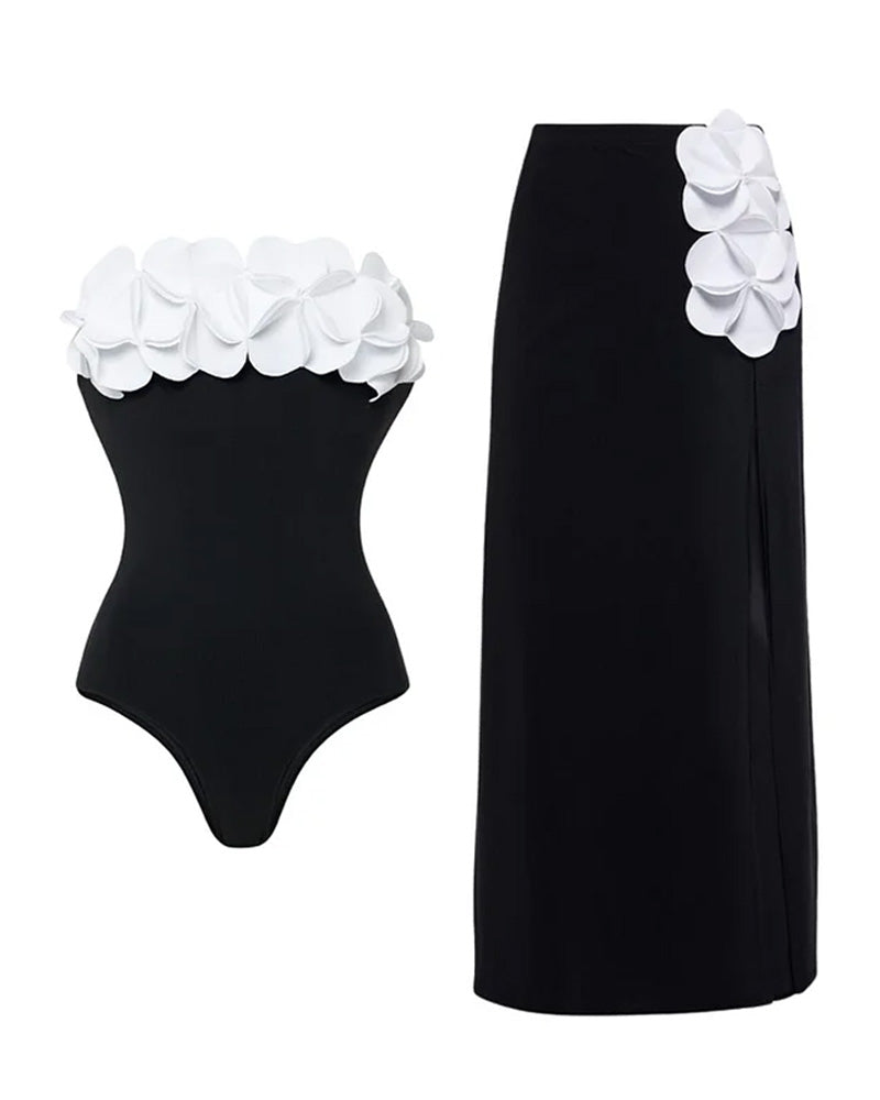 Bandeau 3D Flower One Piece Swimsuit And Skirt