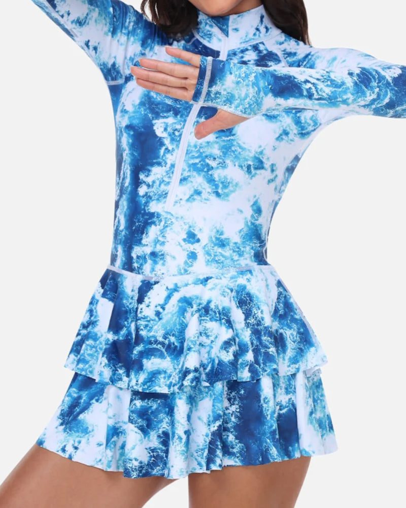 Beach Vacation Print UPF50+ Ruffled Skirt Long Sleeve One-Piece Swimsuit