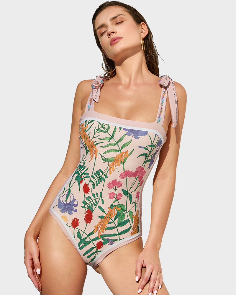 Reversible Tie-Strap Floral One-Piece Swimsuit