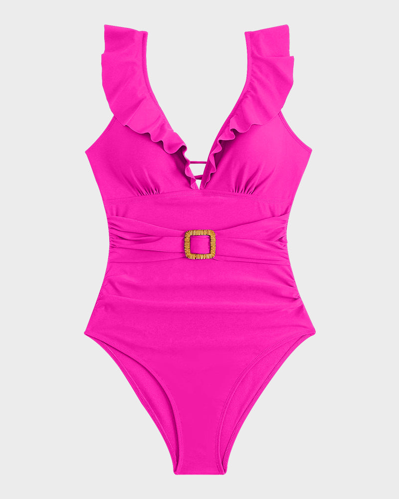 Deep V Ruffled Sleeve Belted Ruched Swimsuit