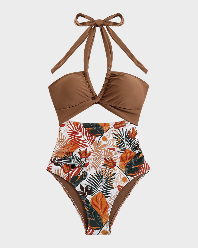 Halter Neck Cut-Out  Ruched One Piece Swimsuit