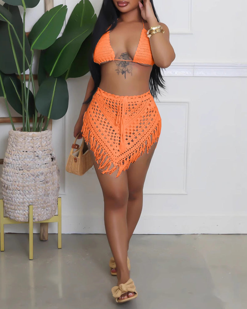 Hand-Crocheted Hollow Tassel Sexy Short Skirt Two-Piece Set