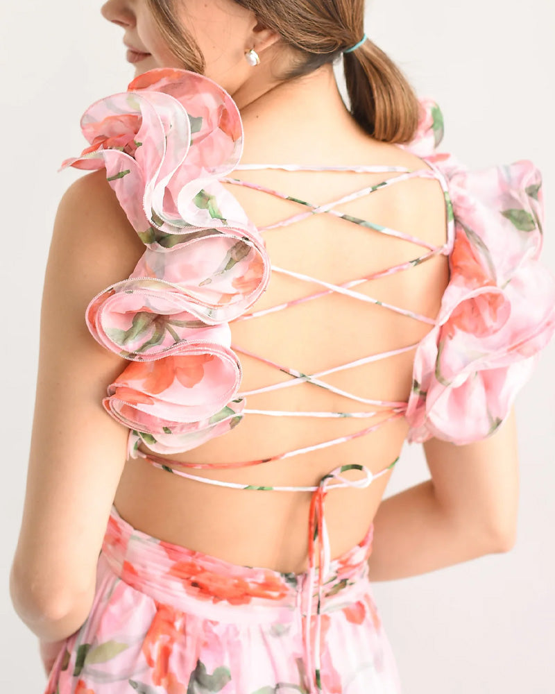 V Neck Halter Back Ruffle Strap Floral Beach Holiday Dress