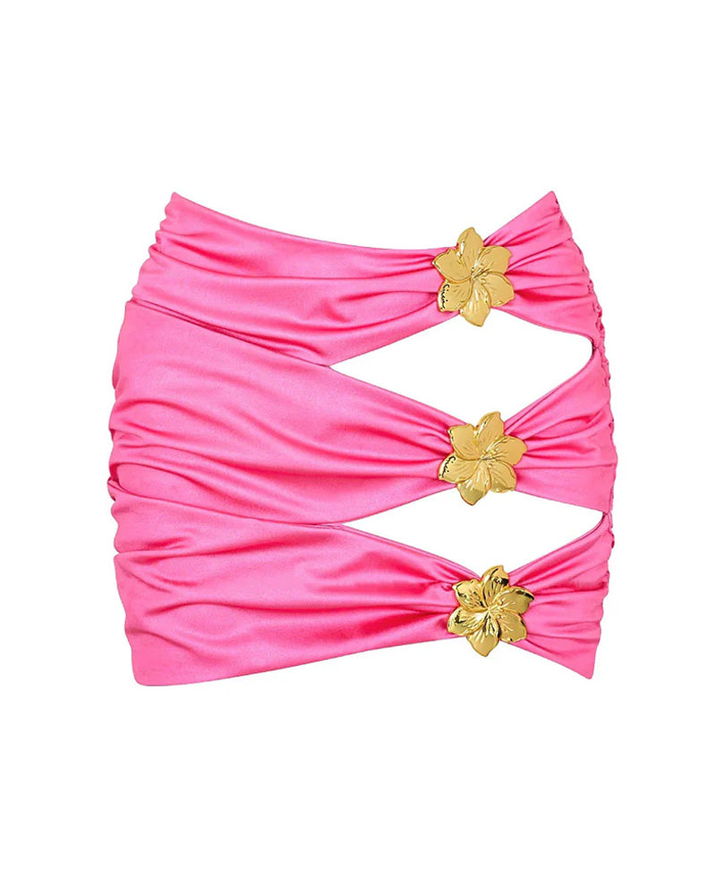 Halterneck Cut Out Swimsuit and Skirt With Flower Hardware Details