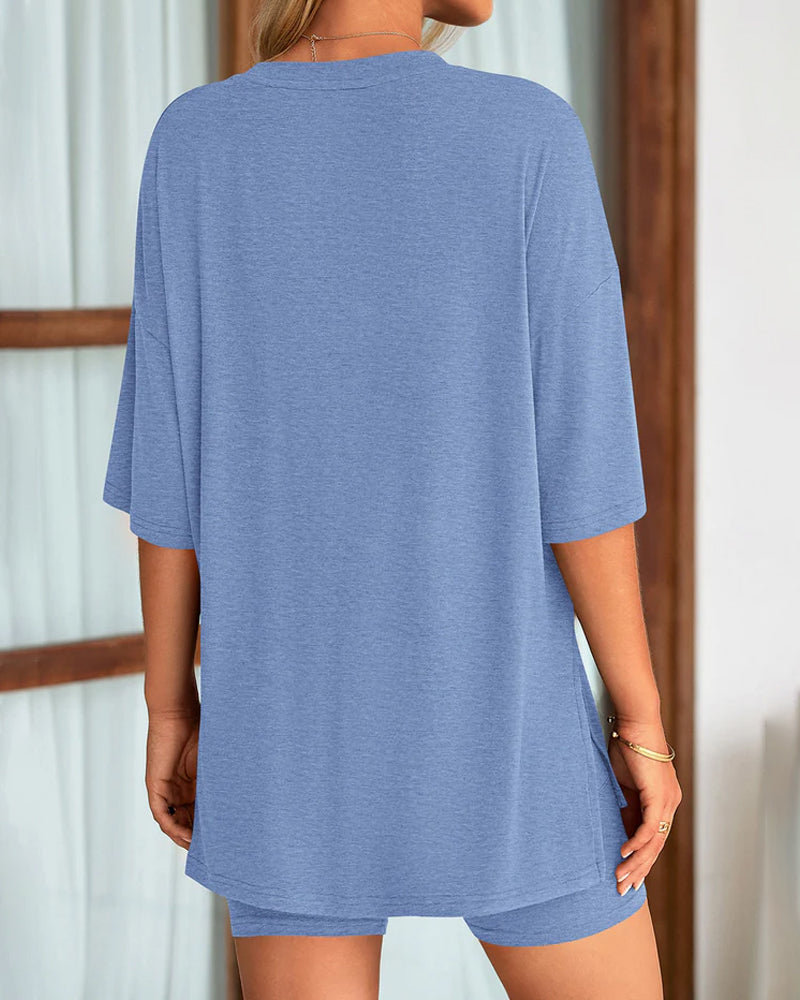 Women's Two-Piece Casual Sports Loose Shirt Cycling Shorts Suit