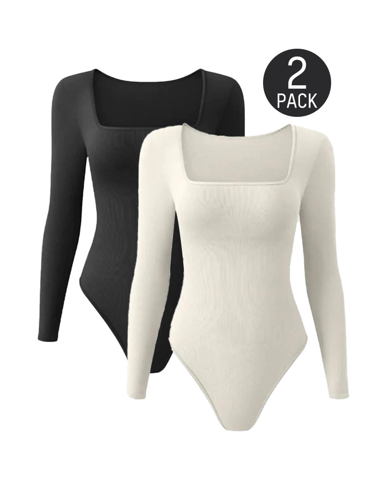Floralshe® Ribbed Square Neck Long Sleeve Bodysuit