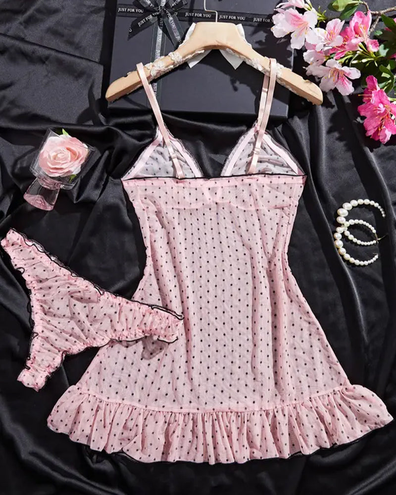 Sexy V-neck Polka Dot Print Semi-transparent Suspender Nightdress Set