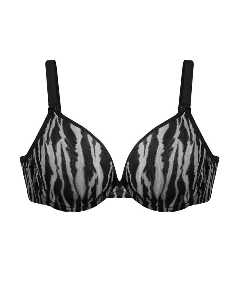 Zebra Print Sheer Mesh Deep V Half Cup Adjustable Wide Strap Bra