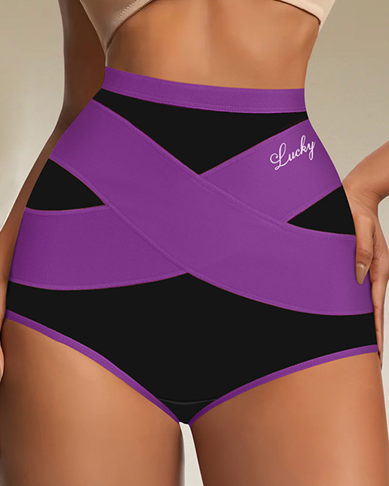 Milk Silk Cross Bandage Contrast Color High Waist Hip Lift Tummy Control Briefs