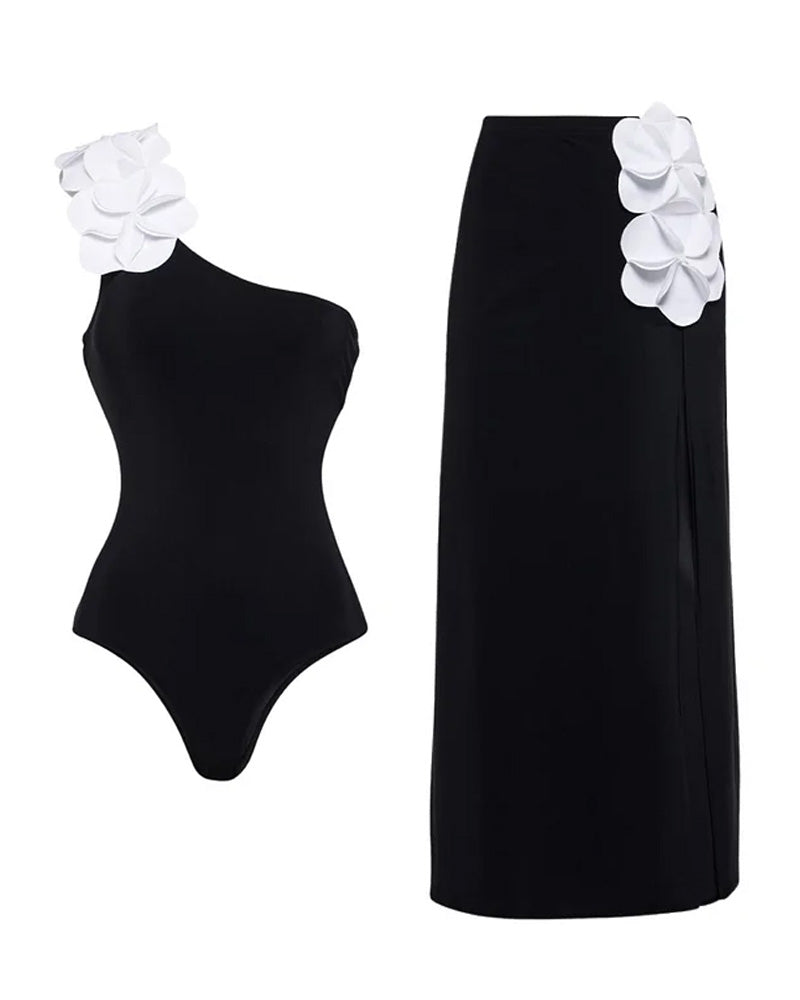 Bandeau 3D Flower One Piece Swimsuit And Skirt